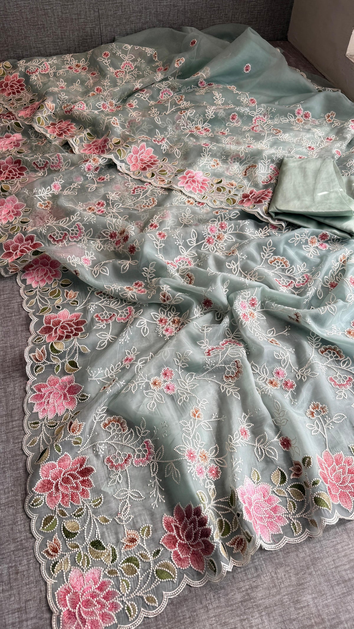 Pure Soft Organza Silk Saree with Multi-Thread Floral Embroidery