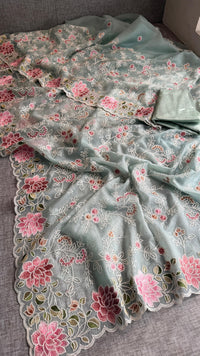 Pure Soft Organza Silk Saree with Multi-Thread Floral Embroidery