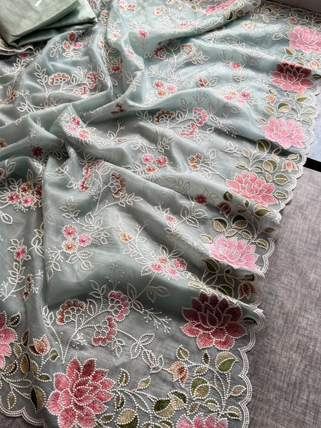Pure Soft Organza Silk Saree with Multi-Thread Floral Embroidery