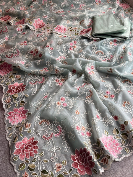 Pure Soft Organza Silk Saree with Multi-Thread Floral Embroidery