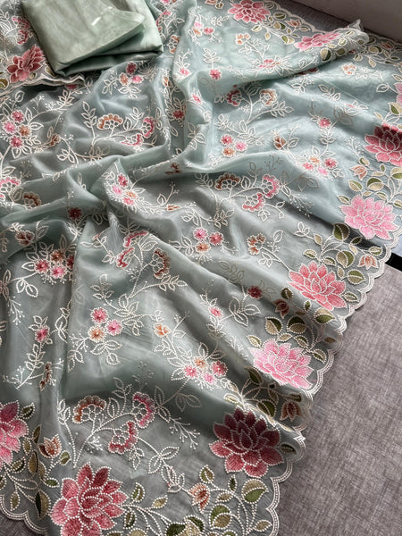 Pure Soft Organza Silk Saree with Multi-Thread Floral Embroidery