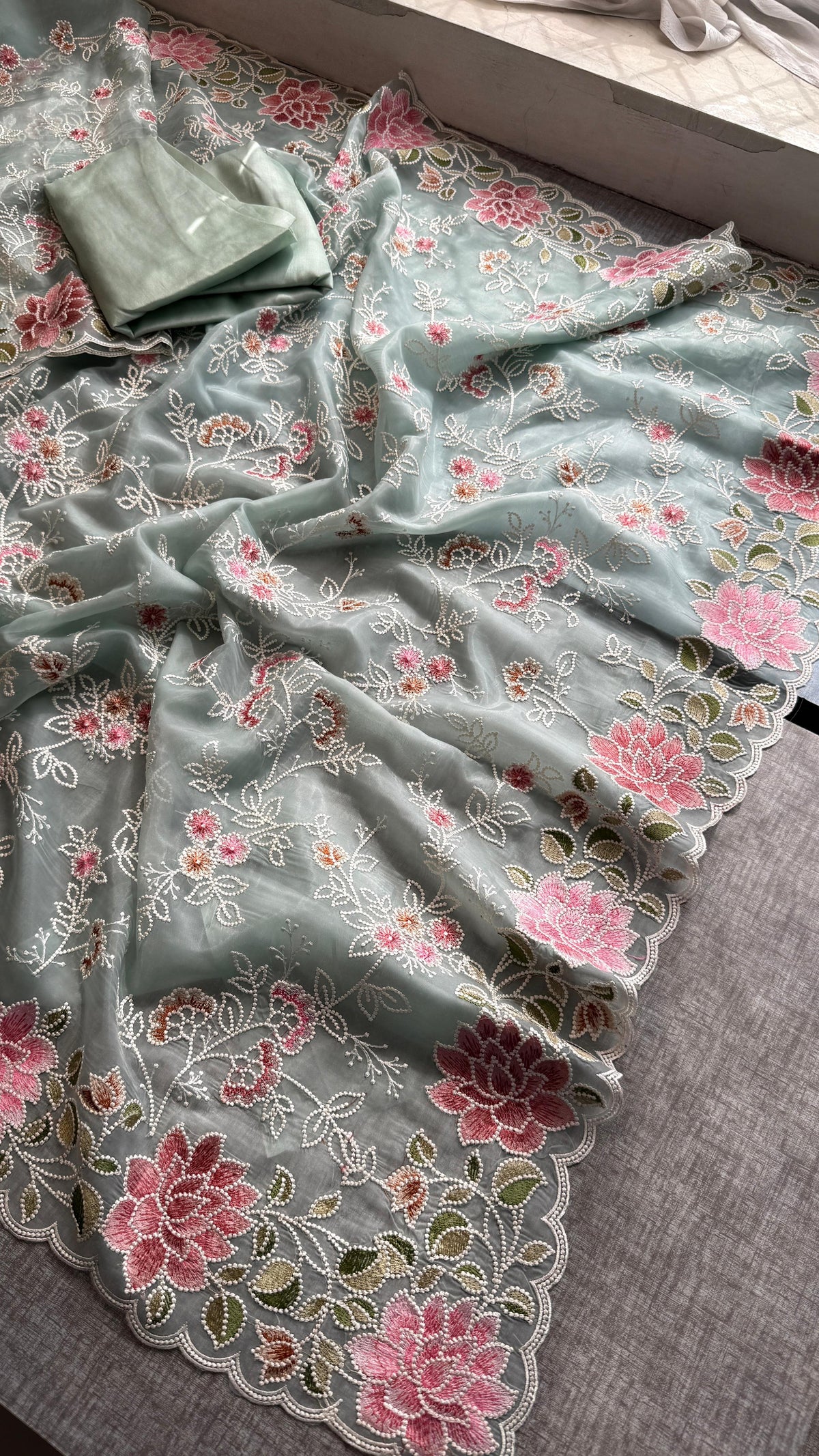 Pure Soft Organza Silk Saree with Multi-Thread Floral Embroidery