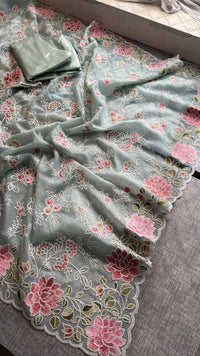 Pure Soft Organza Silk Saree with Multi-Thread Floral Embroidery