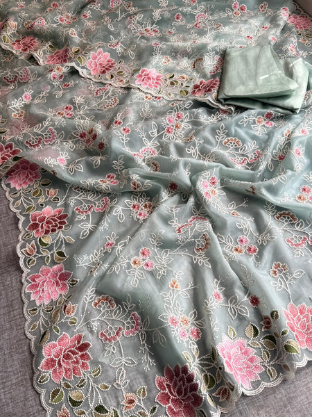 Pure Soft Organza Silk Saree with Multi-Thread Floral Embroidery
