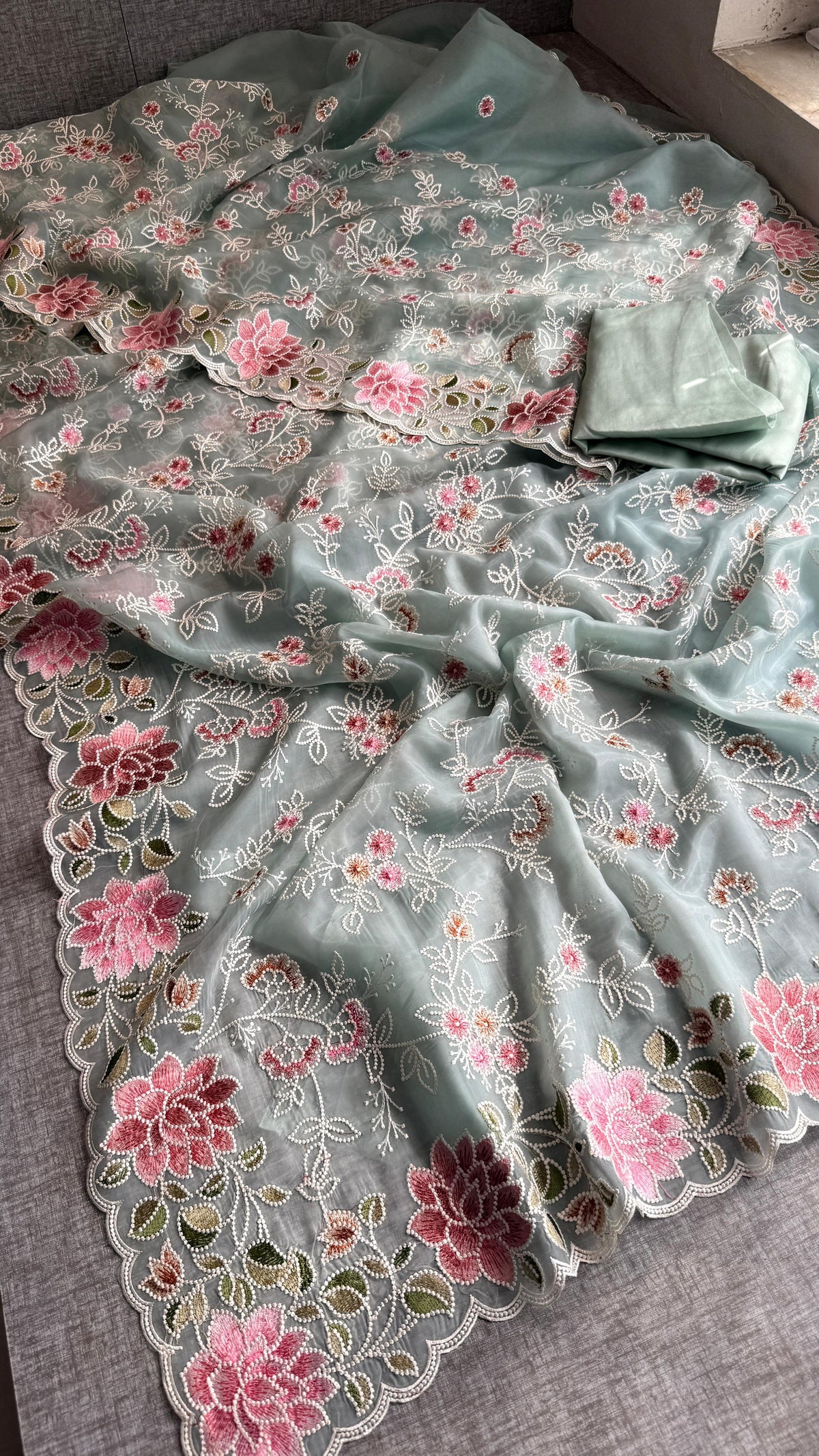 Pure Soft Organza Silk Saree with Multi-Thread Floral Embroidery