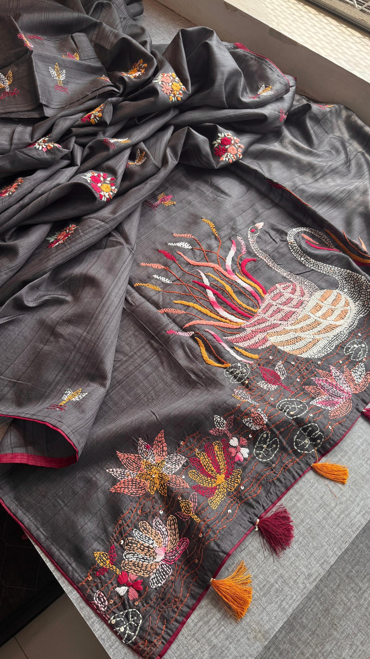 Pure Tussar Linen Silk Saree with Hand Knot Embroidery