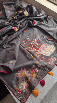 Pure Tussar Linen Silk Saree with Hand Knot Embroidery