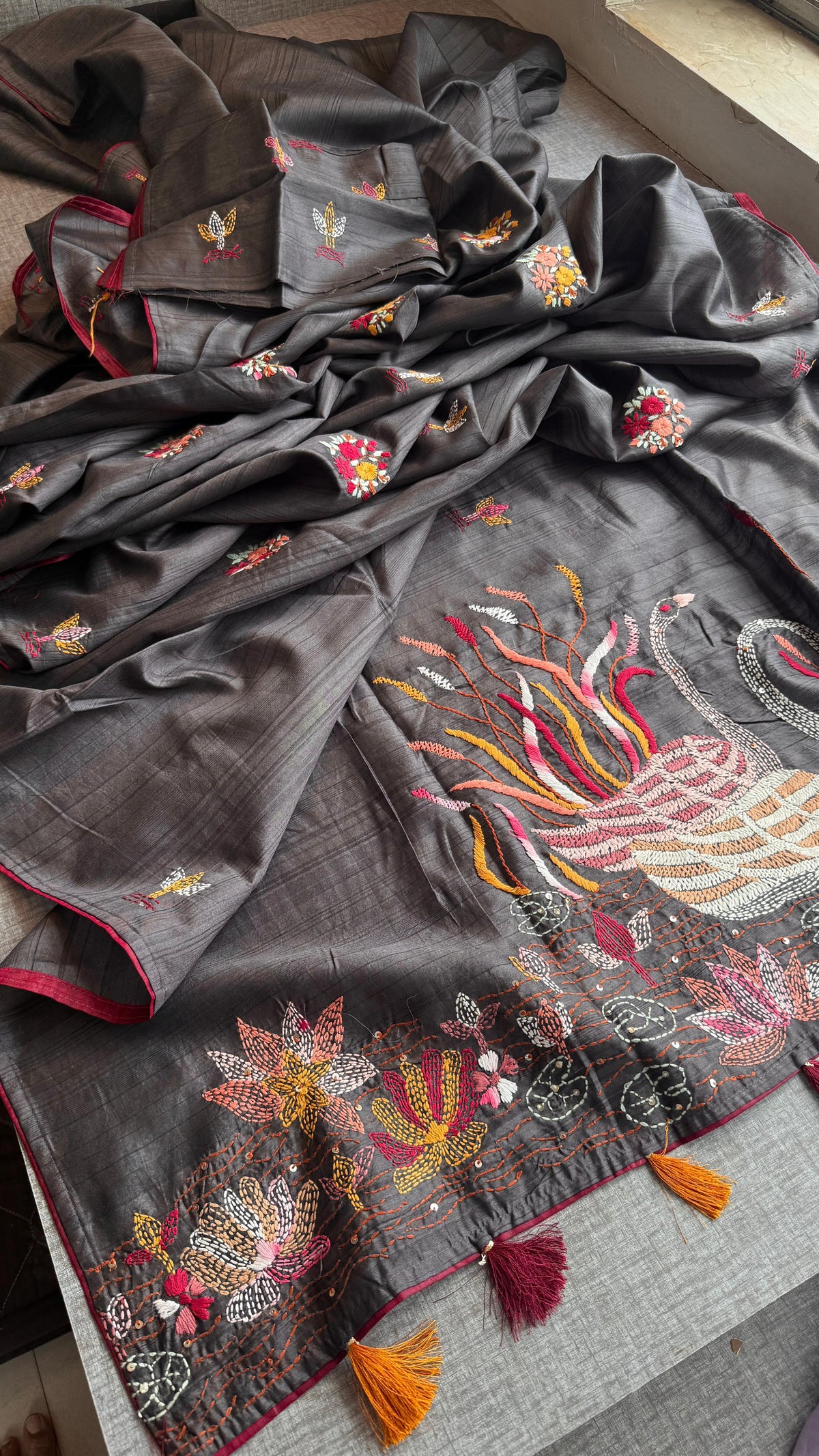 Pure Tussar Linen Silk Saree with Hand Knot Embroidery