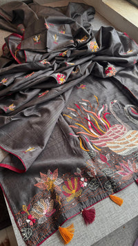 Pure Tussar Linen Silk Saree with Hand Knot Embroidery