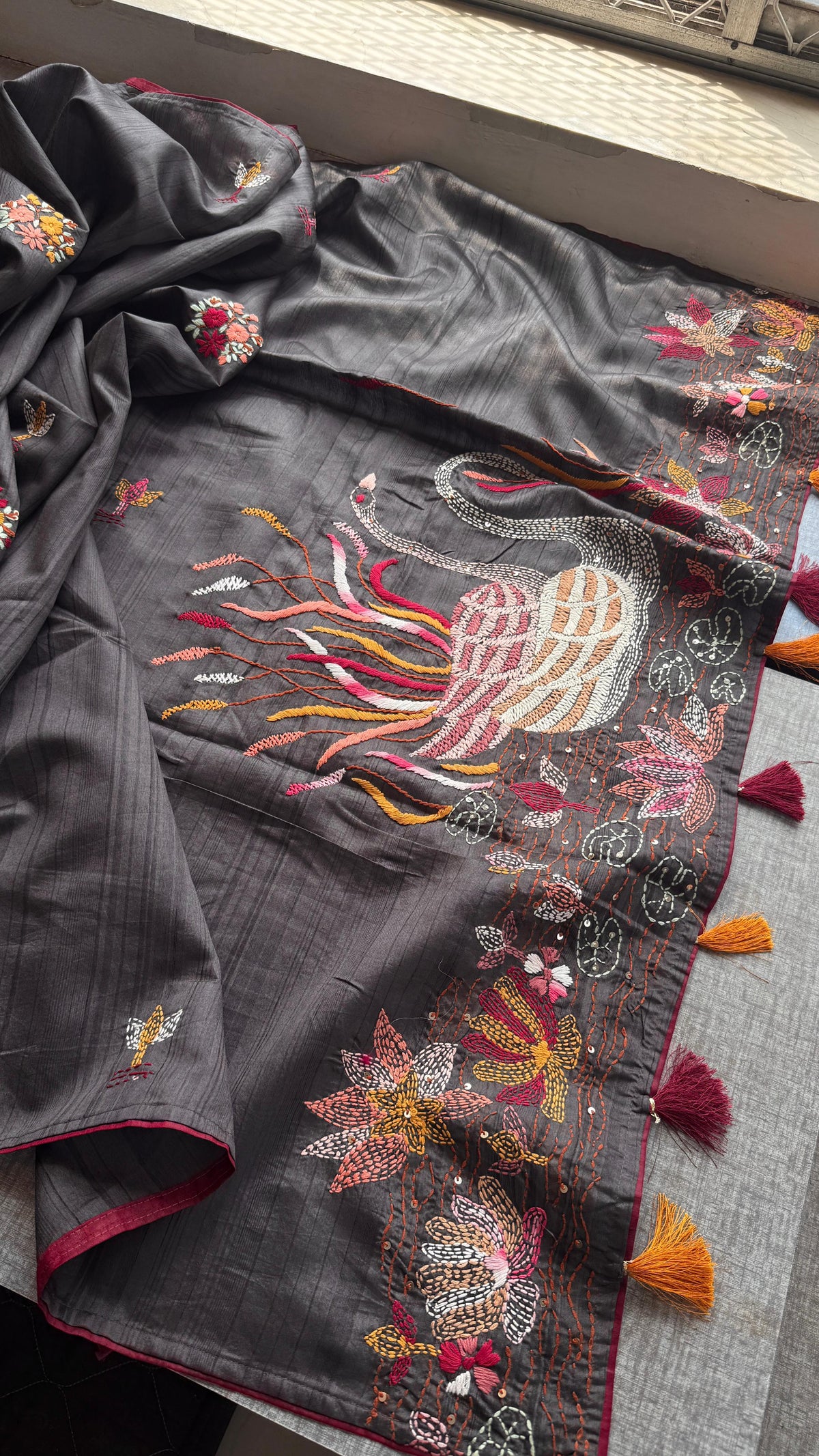 Pure Tussar Linen Silk Saree with Hand Knot Embroidery