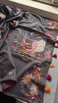 Pure Tussar Linen Silk Saree with Hand Knot Embroidery