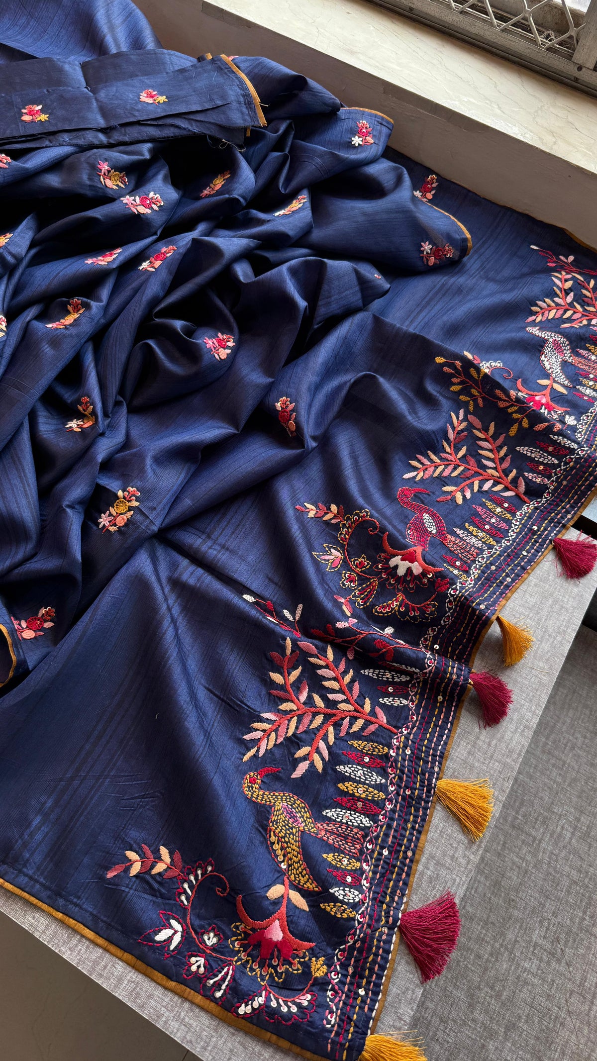 Pure Tussar Linen Silk Saree with Hand Knot Embroidery