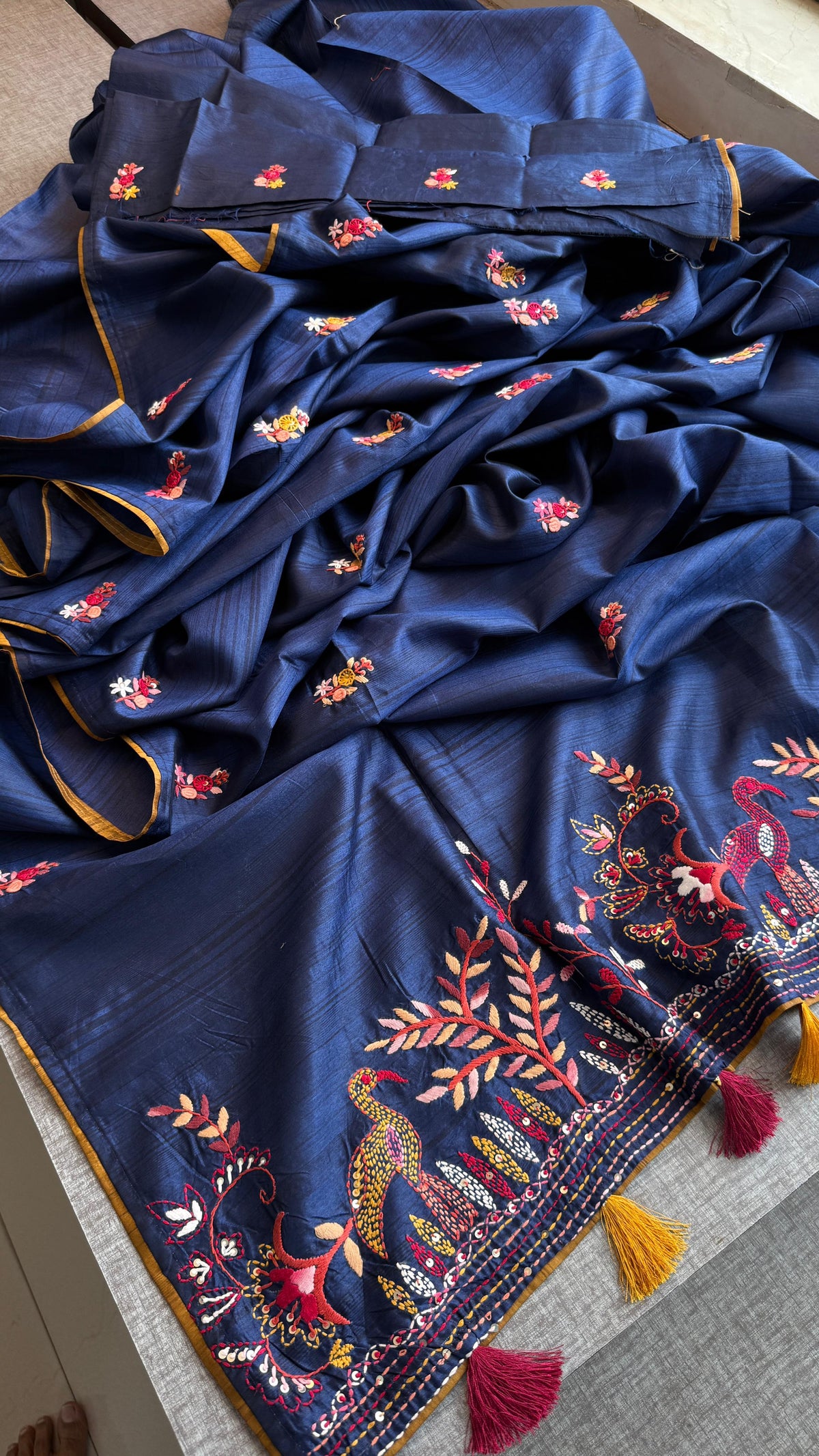 Pure Tussar Linen Silk Saree with Hand Knot Embroidery