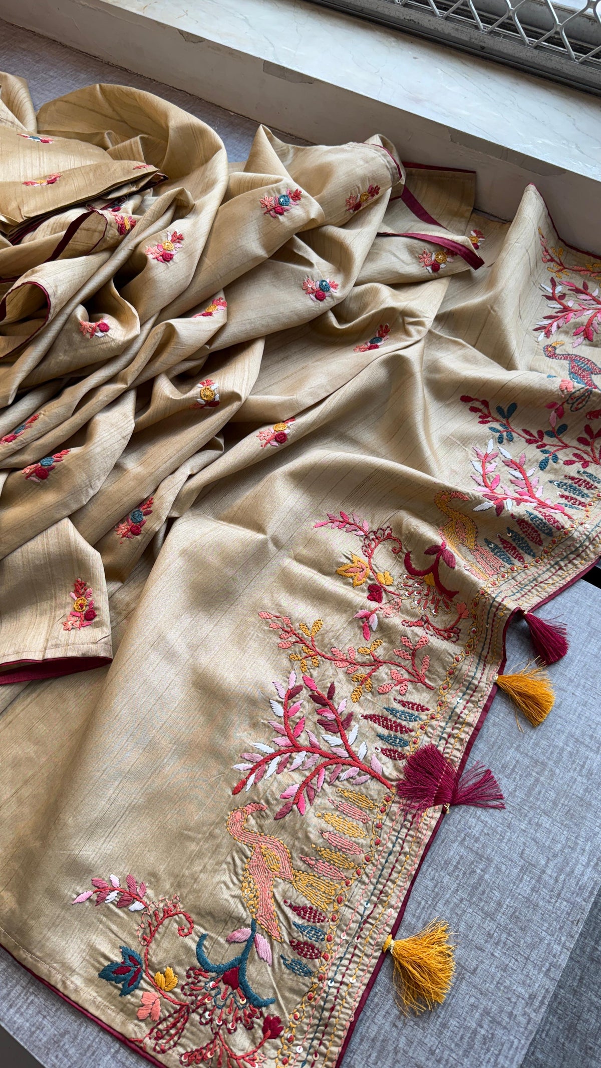 Pure Tussar Linen Silk Saree with Hand Knot Embroidery