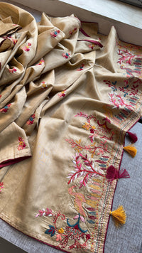 Pure Tussar Linen Silk Saree with Hand Knot Embroidery