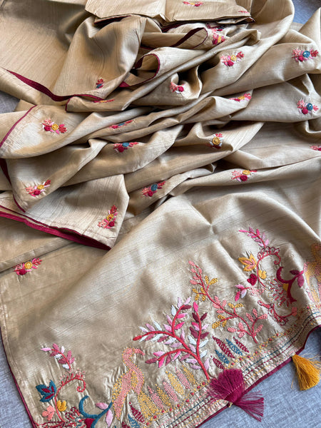 Pure Tussar Linen Silk Saree with Hand Knot Embroidery