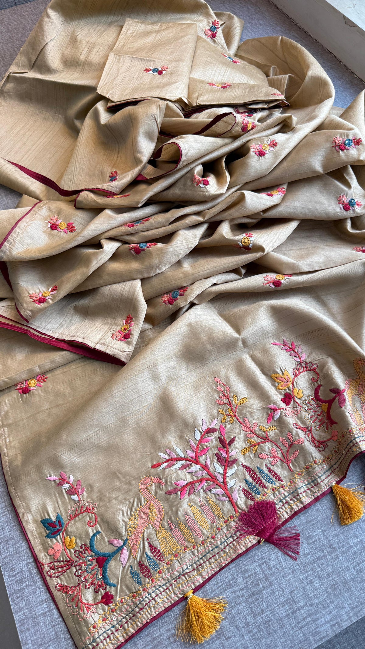 Pure Tussar Linen Silk Saree with Hand Knot Embroidery