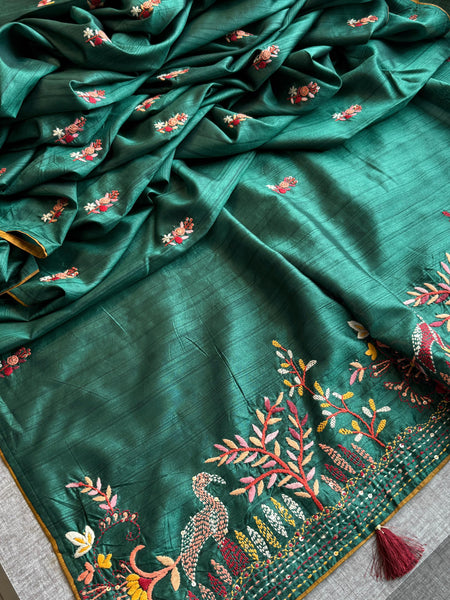 Pure Tussar Linen Silk Saree with Hand Knot Embroidery