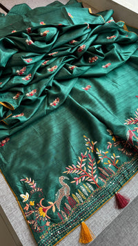 Pure Tussar Linen Silk Saree with Hand Knot Embroidery