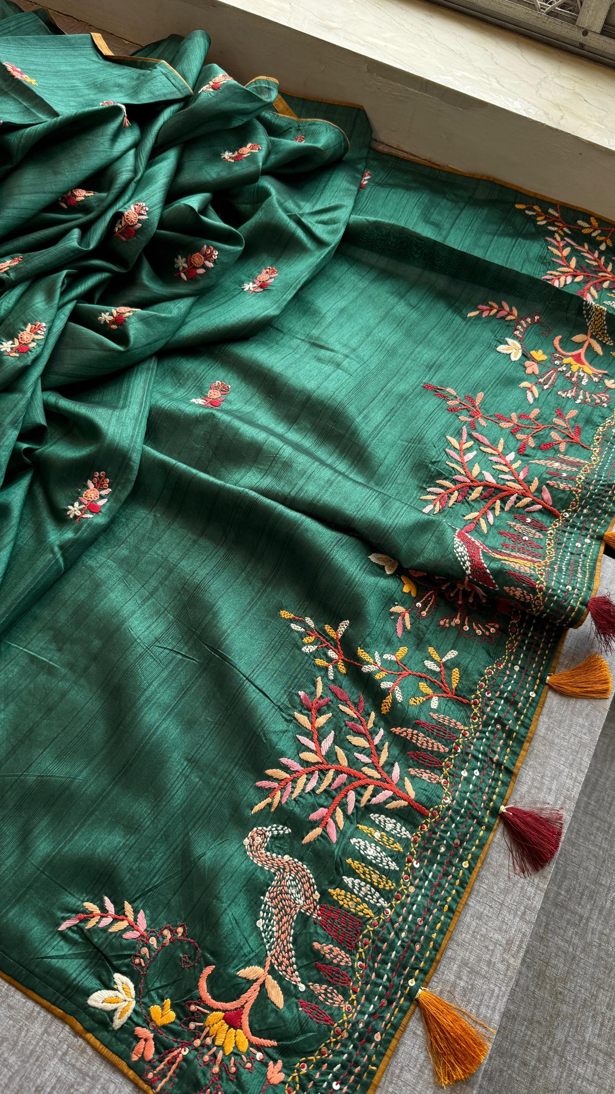 Pure Tussar Linen Silk Saree with Hand Knot Embroidery