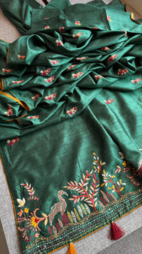 Pure Tussar Linen Silk Saree with Hand Knot Embroidery