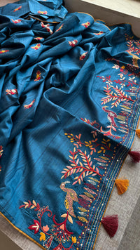 Pure Tussar Linen Silk Saree with Hand Knot Embroidery