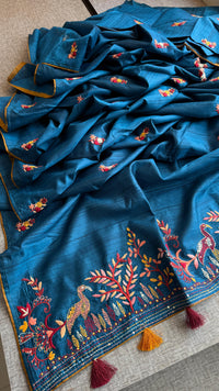 Pure Tussar Linen Silk Saree with Hand Knot Embroidery