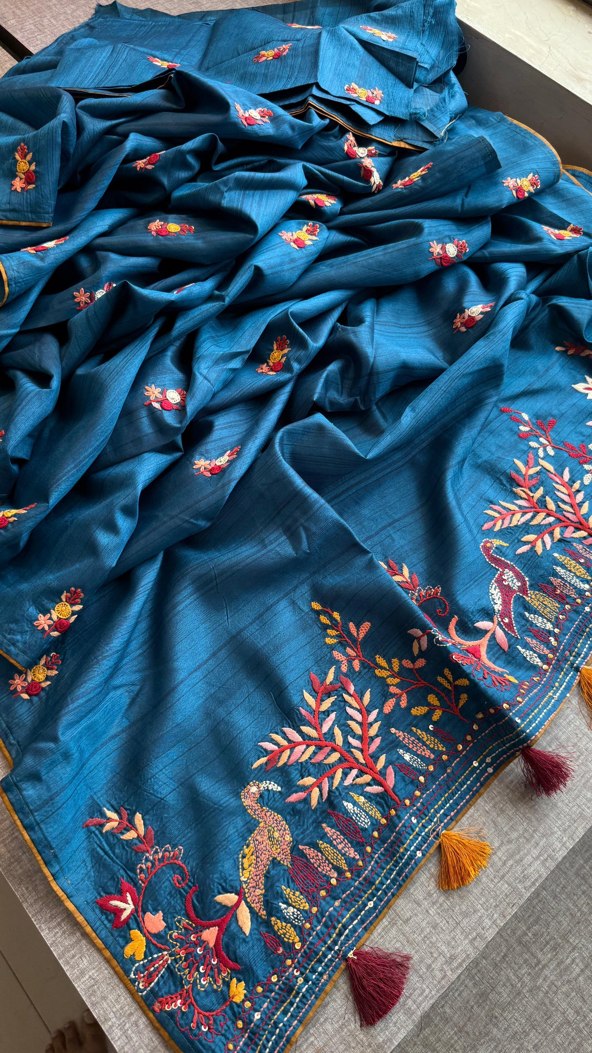 Pure Tussar Linen Silk Saree with Hand Knot Embroidery