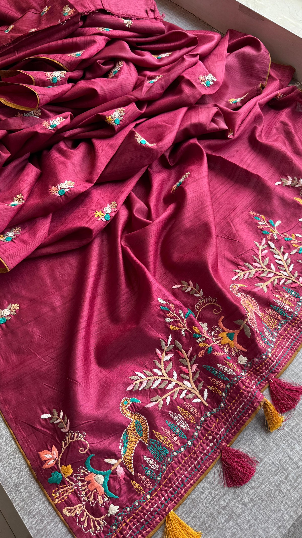 Pure Tussar Linen Silk Saree with Hand Knot Embroidery
