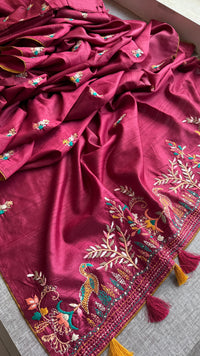 Pure Tussar Linen Silk Saree with Hand Knot Embroidery