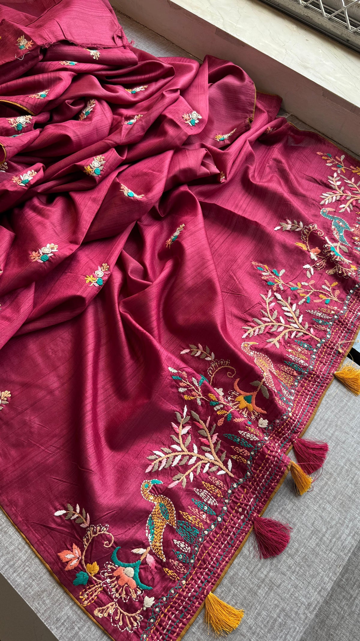 Pure Tussar Linen Silk Saree with Hand Knot Embroidery