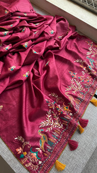 Pure Tussar Linen Silk Saree with Hand Knot Embroidery