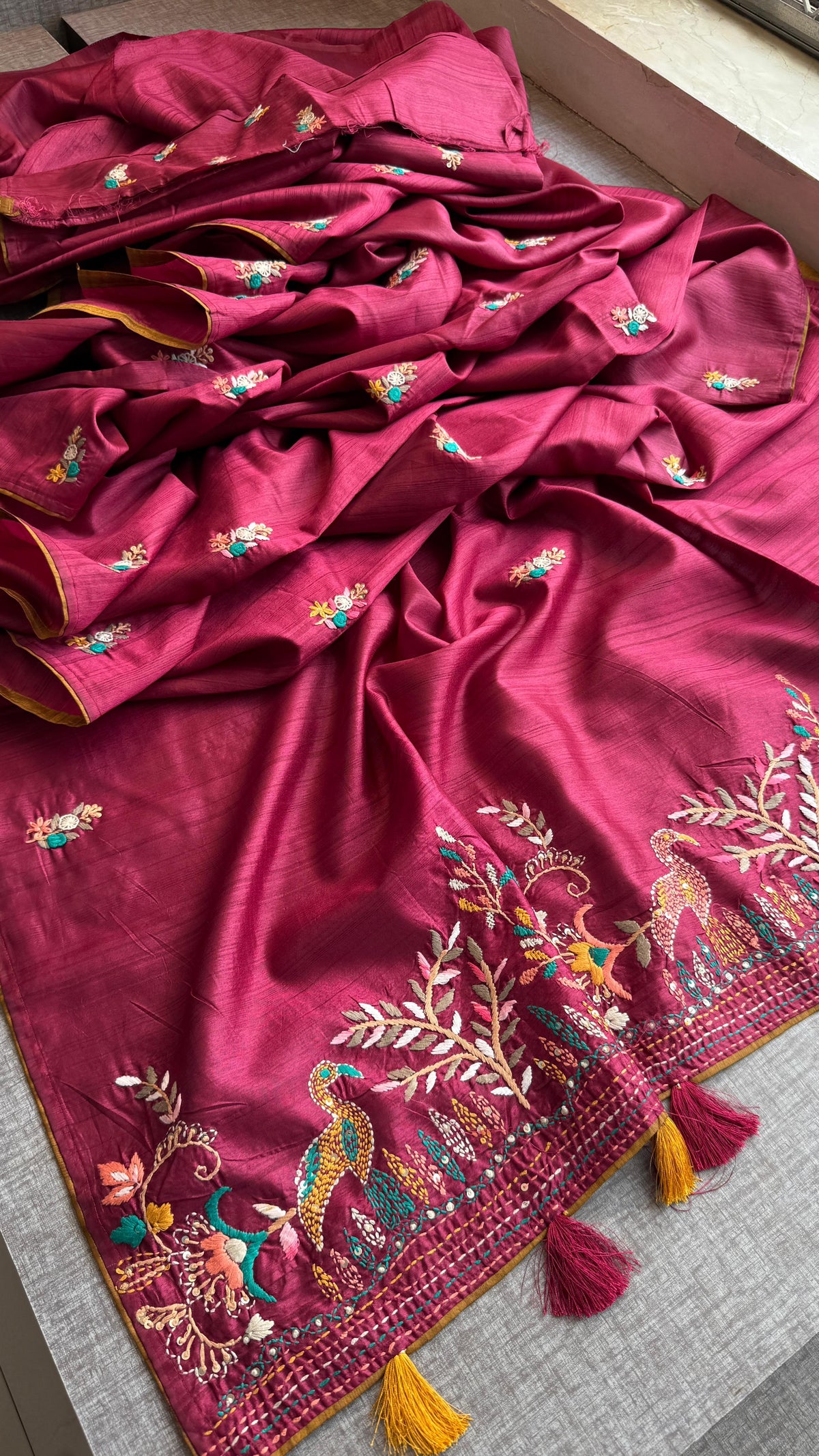 Pure Tussar Linen Silk Saree with Hand Knot Embroidery