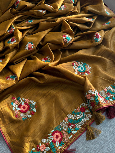 Pure Tussar Linen Silk Saree with Hand Knot Embroidery