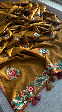 Pure Tussar Linen Silk Saree with Hand Knot Embroidery