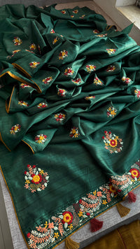 Pure Tussar Linen Silk Saree with Hand Knot Embroidery