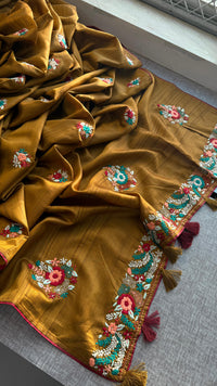 Pure Tussar Linen Silk Saree with Hand Knot Embroidery