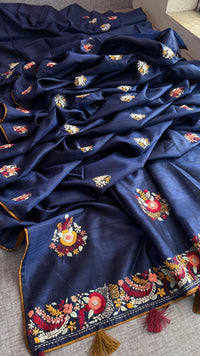 Pure Tussar Linen Silk Saree with Hand Knot Embroidery