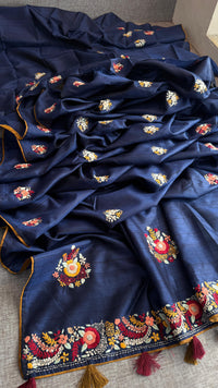 Pure Tussar Linen Silk Saree with Hand Knot Embroidery