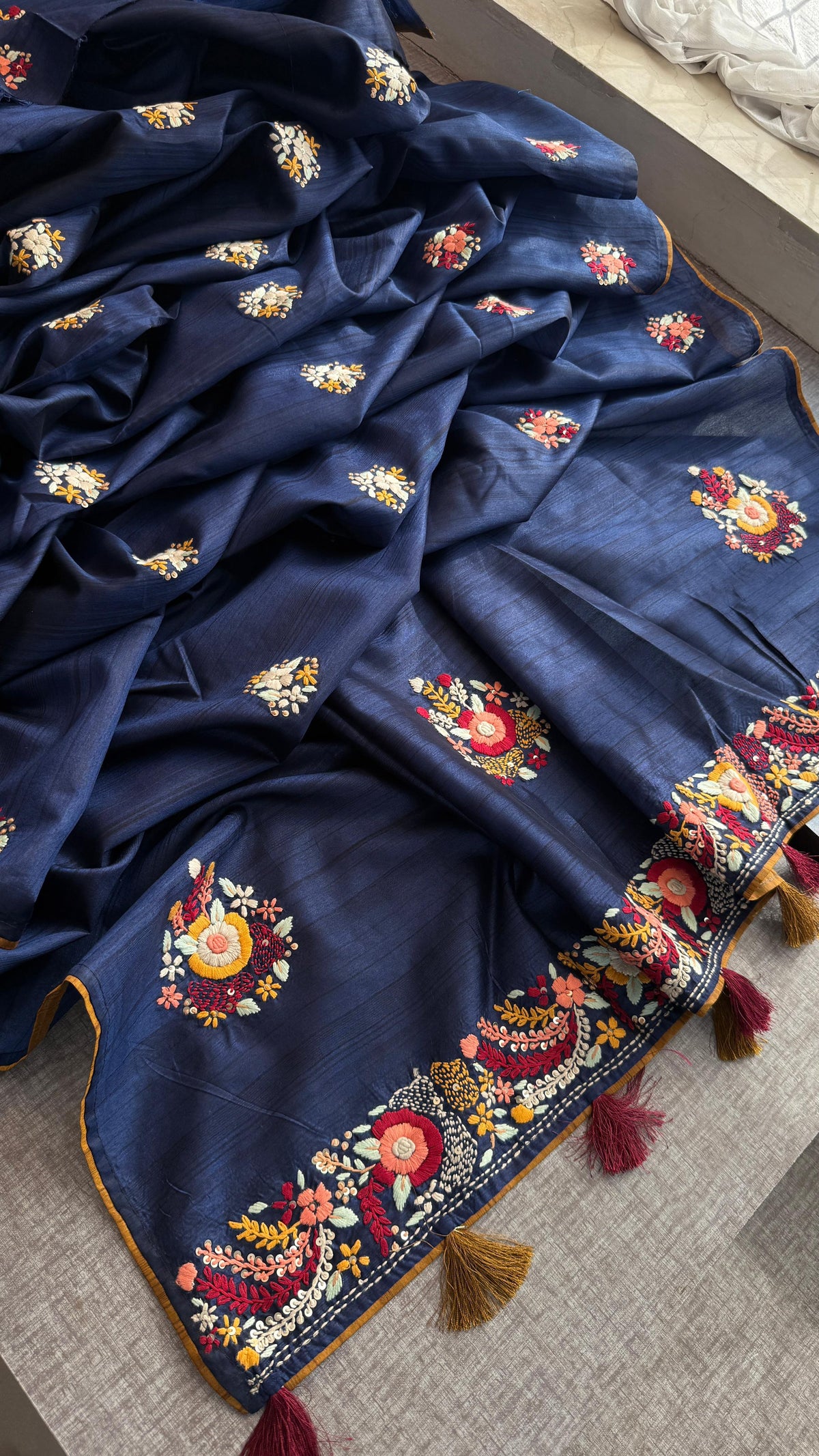 Pure Tussar Linen Silk Saree with Hand Knot Embroidery