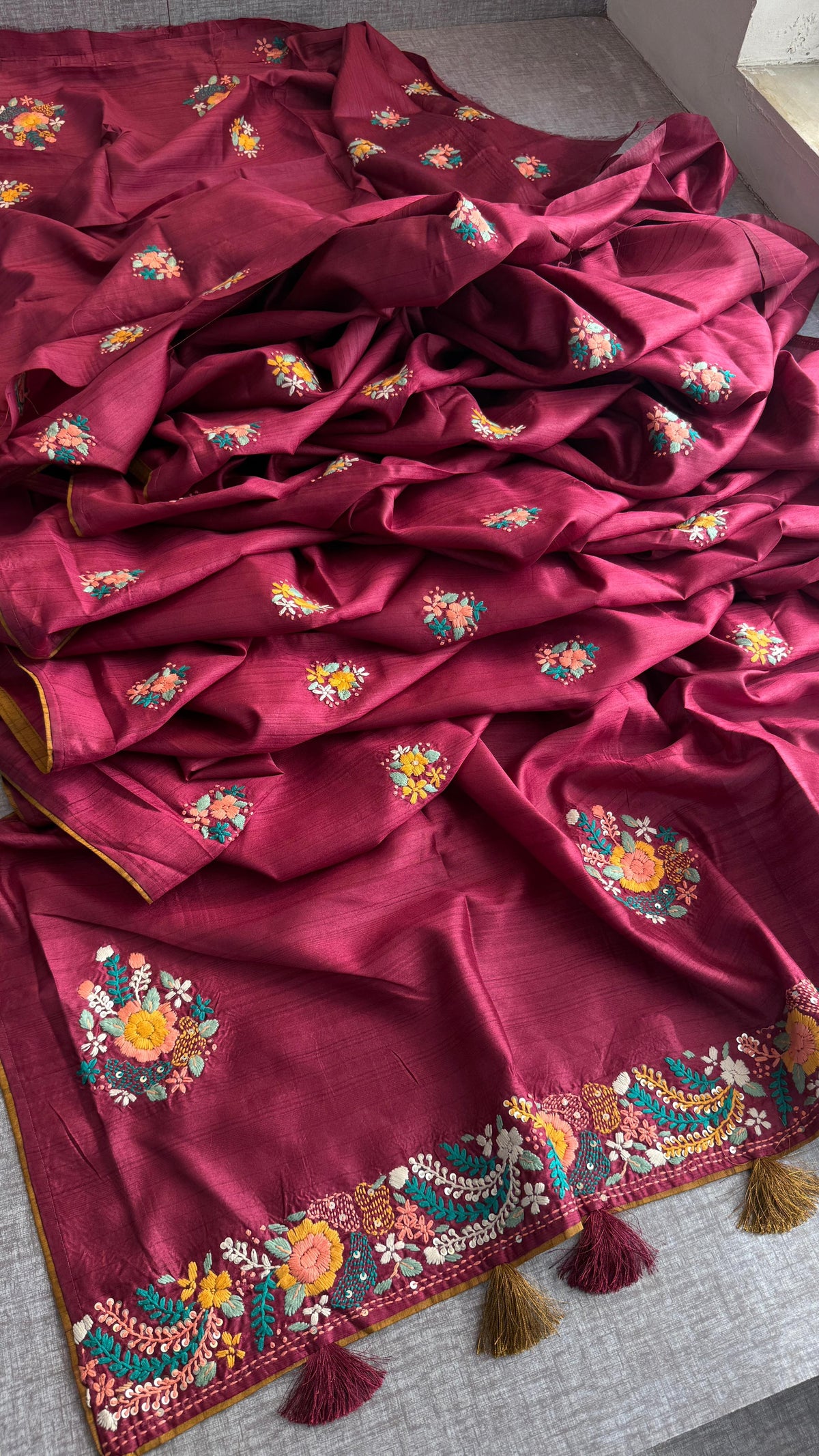 Pure Tussar Linen Silk Saree with Hand Knot Embroidery