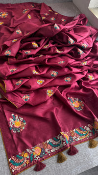 Pure Tussar Linen Silk Saree with Hand Knot Embroidery