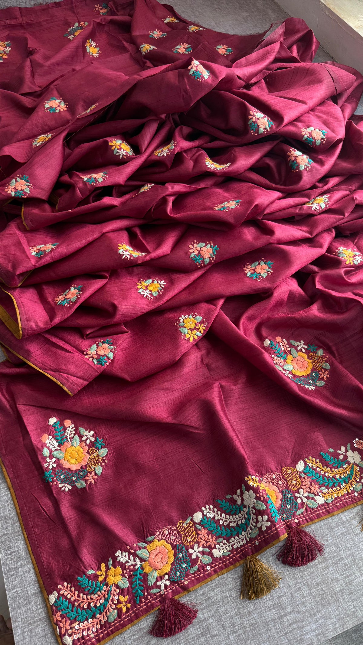 Pure Tussar Linen Silk Saree with Hand Knot Embroidery