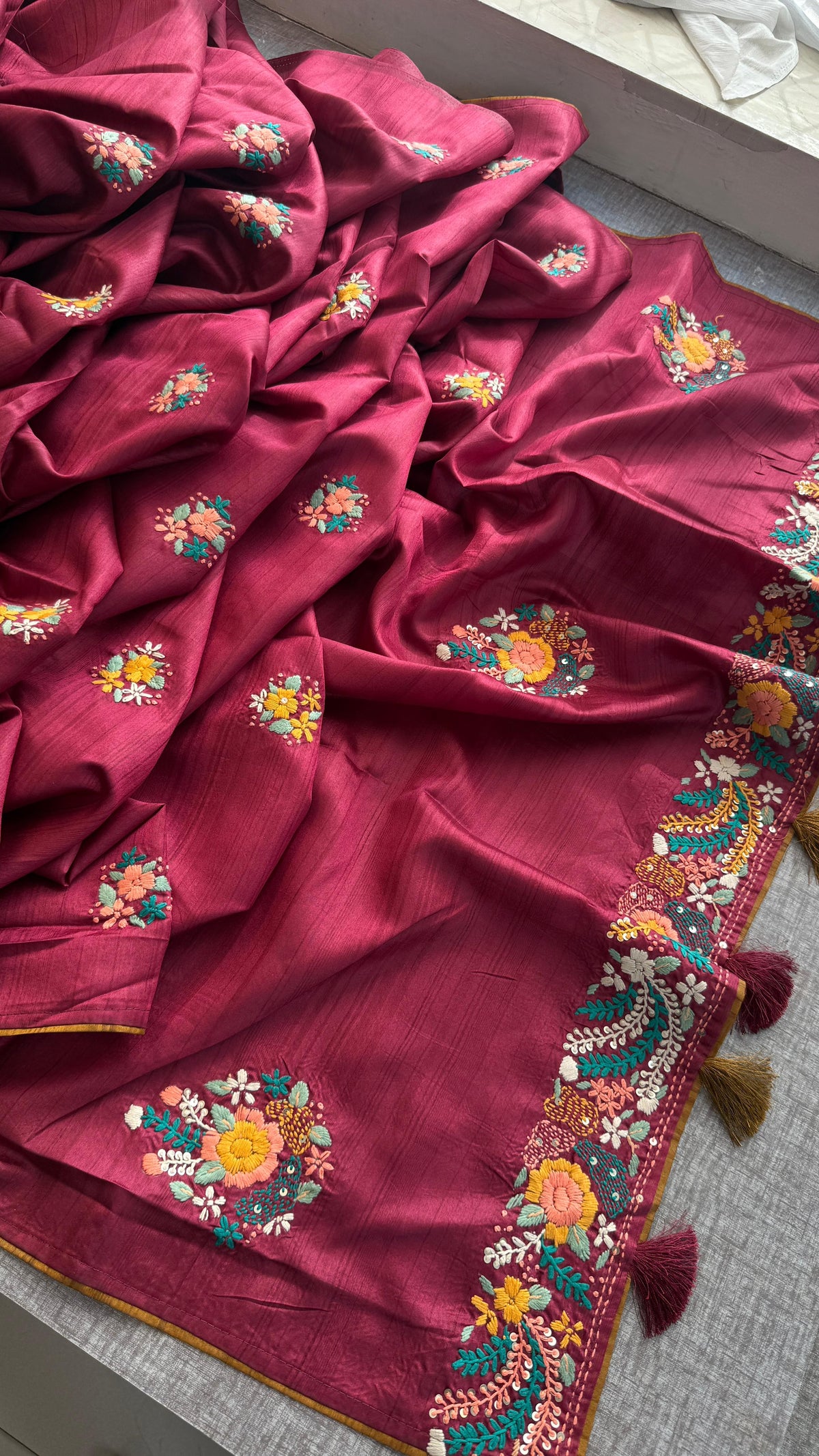 Pure Tussar Linen Silk Saree with Hand Knot Embroidery