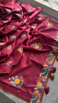 Pure Tussar Linen Silk Saree with Hand Knot Embroidery