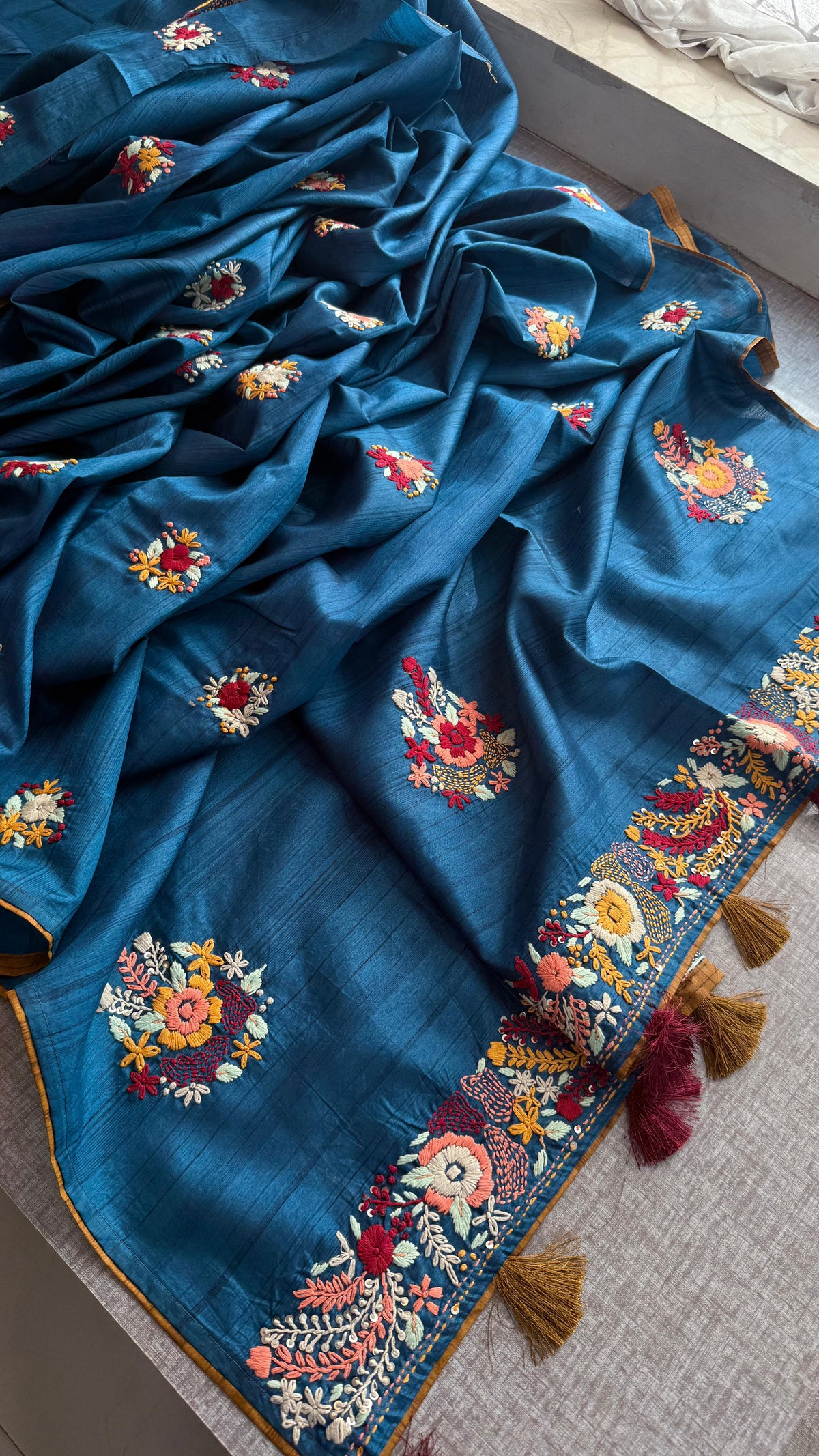 Pure Tussar Linen Silk Saree with Hand Knot Embroidery