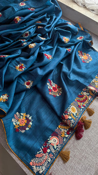 Pure Tussar Linen Silk Saree with Hand Knot Embroidery