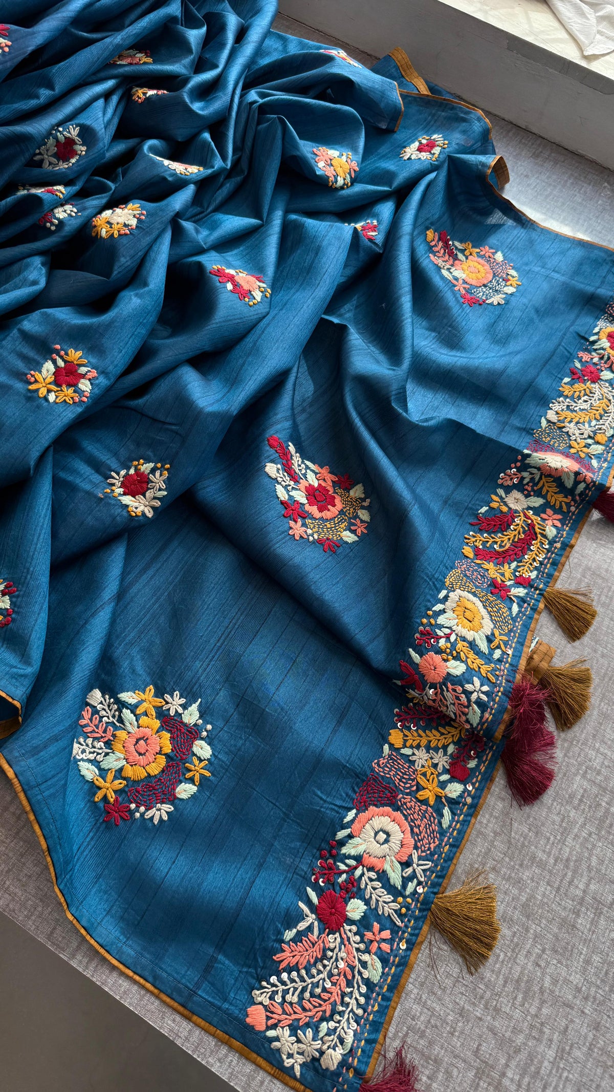 Pure Tussar Linen Silk Saree with Hand Knot Embroidery