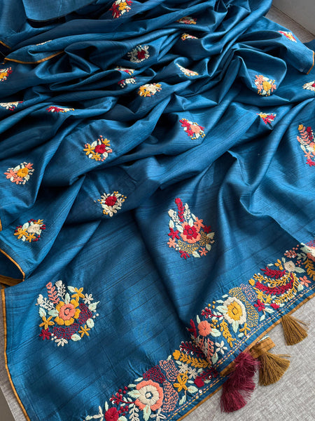Pure Tussar Linen Silk Saree with Hand Knot Embroidery