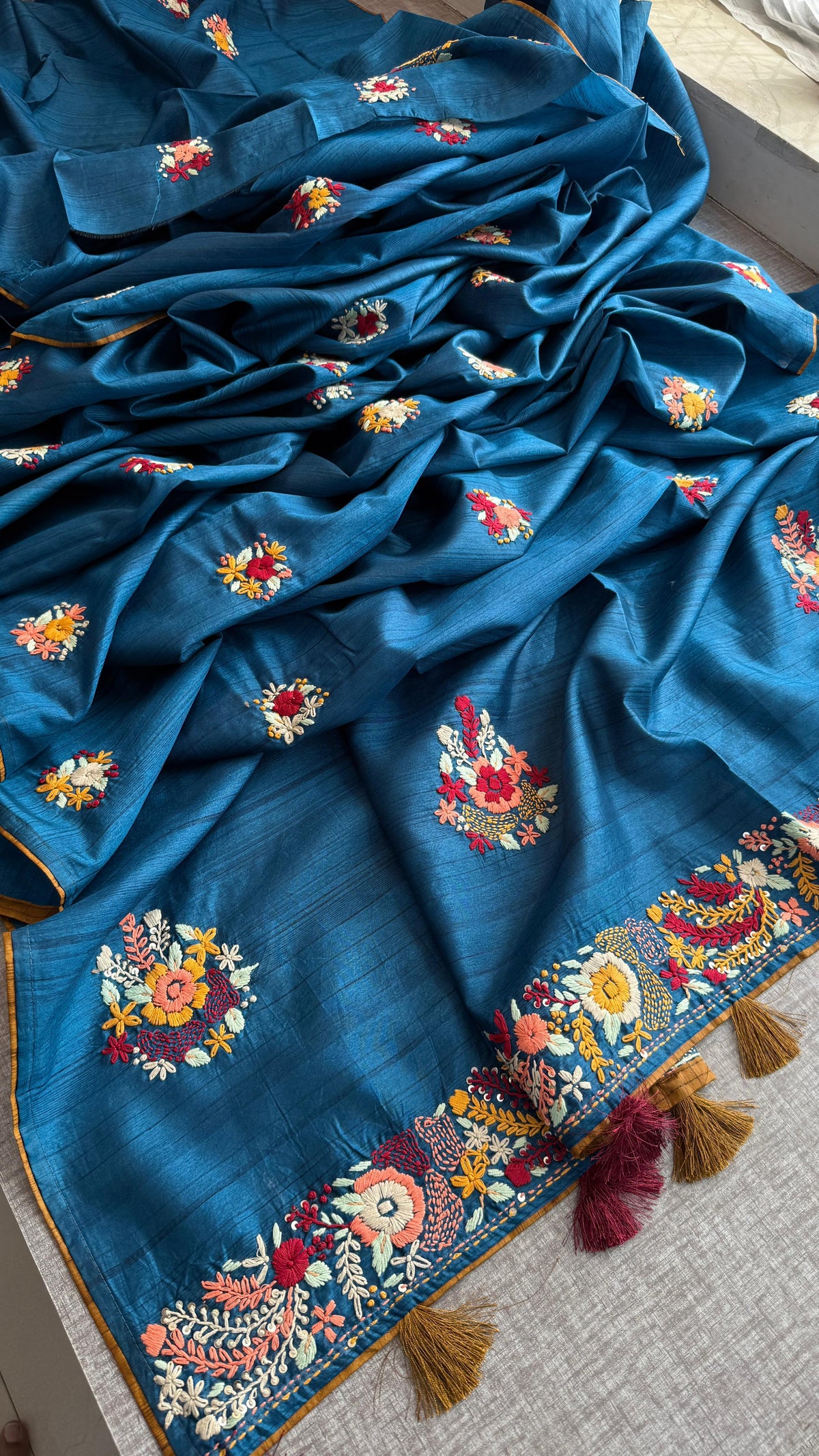 Pure Tussar Linen Silk Saree with Hand Knot Embroidery